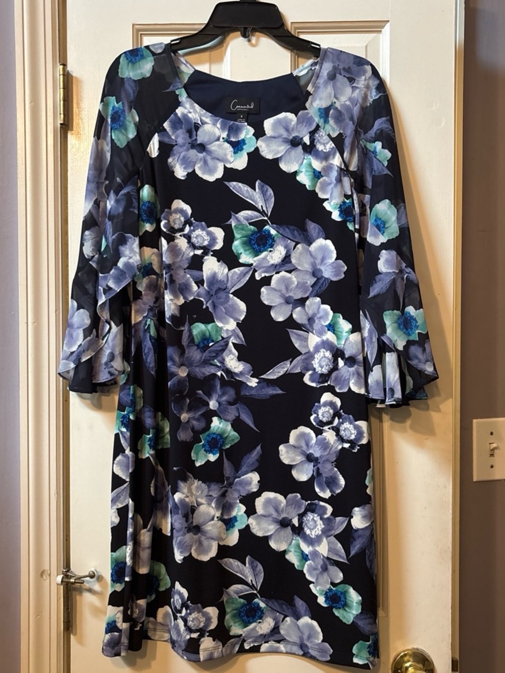 connected apparel Navy Floral A-Line Dress with Bell Sleeves